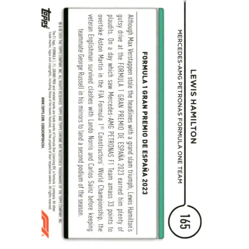 2024 Topps Chrome Formula 1 #165 Lewis Hamilton NM-MT Mercedes-AMG Petronas Formula One Team Racing Card - Racing Card