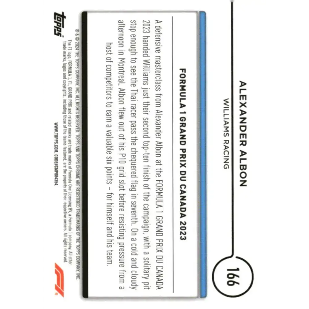 2024 Topps Chrome Formula 1 #166 Alexander Albon EX Excellent Williams Racing Racing Card