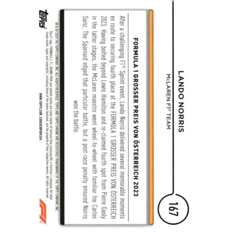 2024 Topps Chrome Formula 1 #167 Lando Norris EX Excellent McLaren F1 Team Racing Card - Racing Card Single