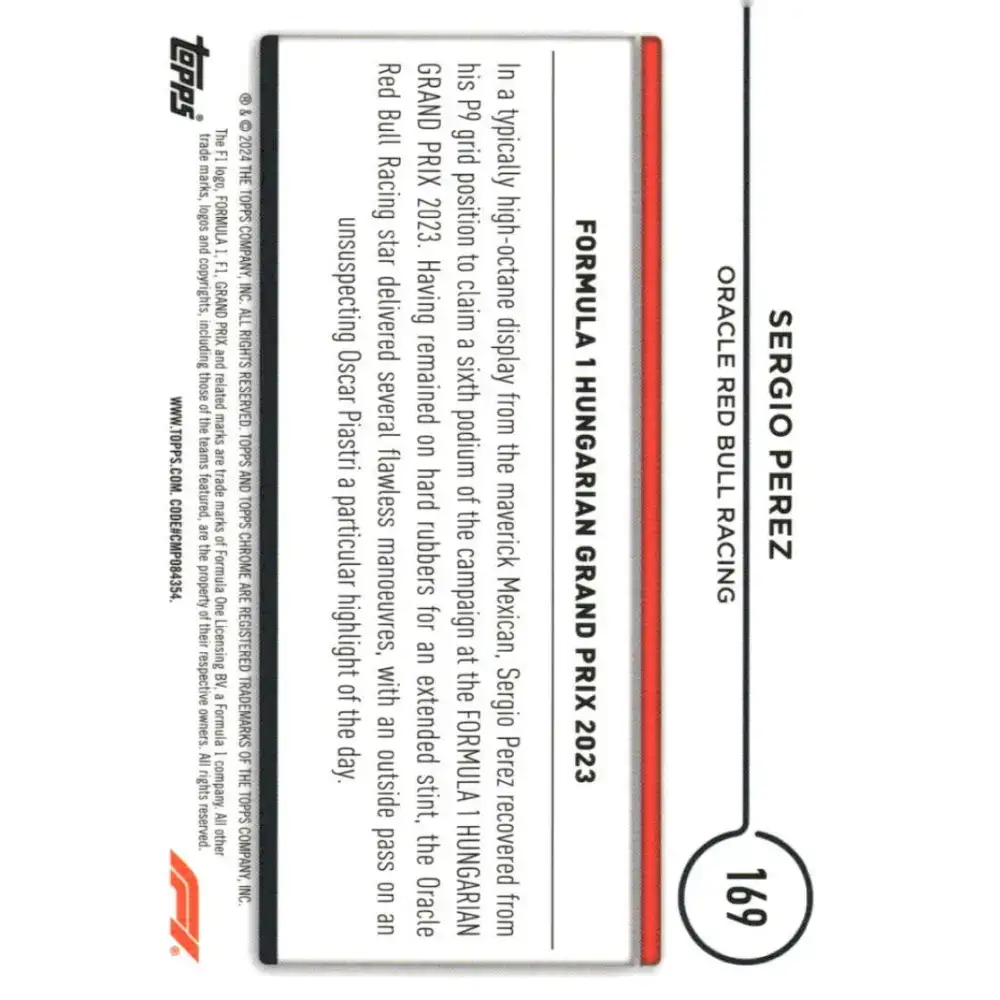 2024 Topps Chrome Formula 1 #169 Sergio Perez EX Excellent Oracle Red Bull Racing Racing Card - Racing Card Single