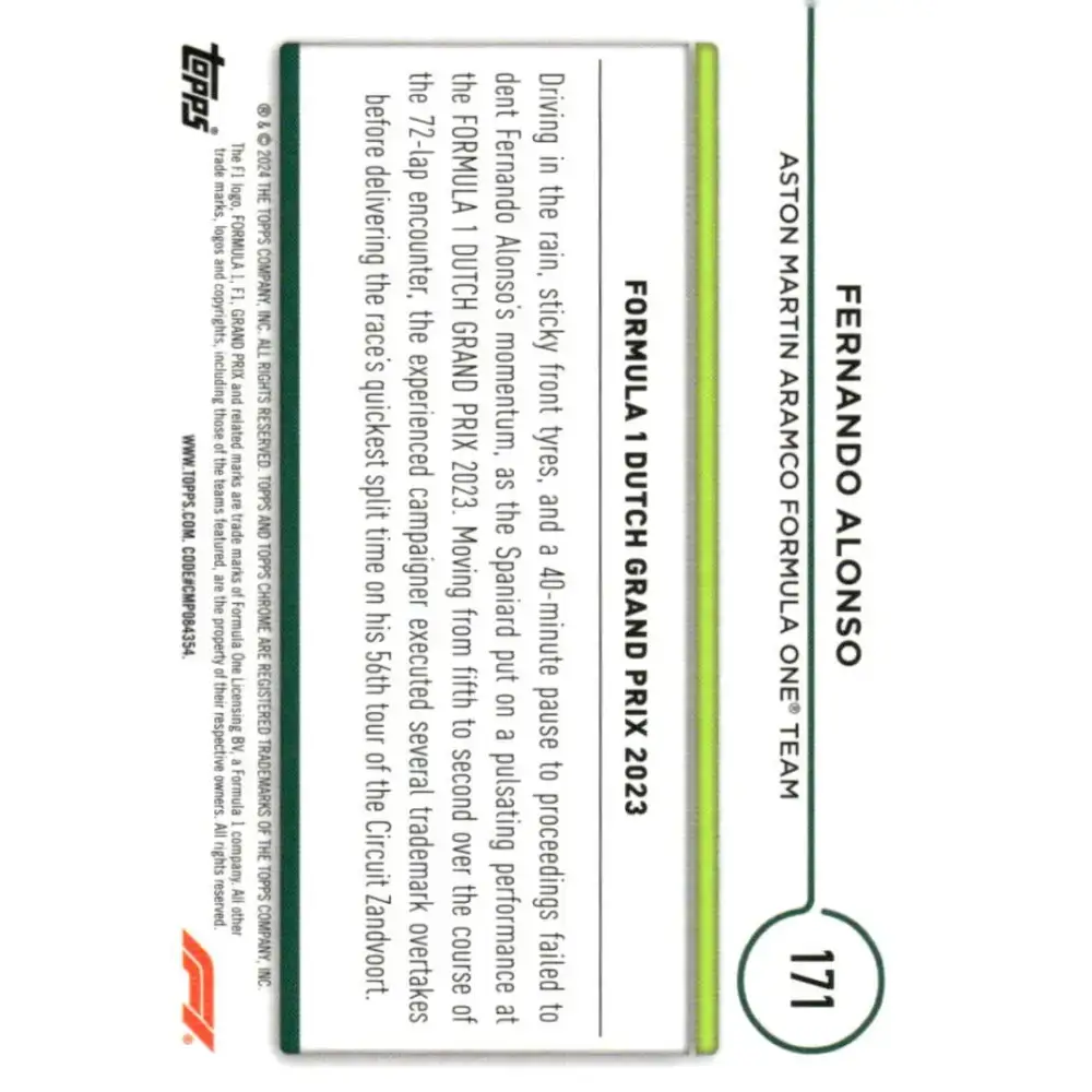 2024 Topps Chrome Formula 1 #171 Fernando Alonso EX Excellent Aston Martin Aramco Formula One Team Racing Card - Racing