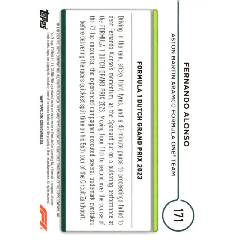 2024 Topps Chrome Formula 1 #171 Fernando Alonso NM-MT Aston Martin Aramco Formula One Team Racing Card - Racing Card