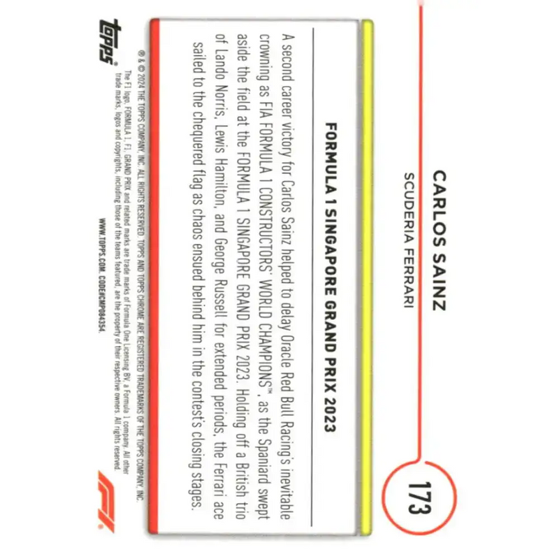 2024 Topps Chrome Formula 1 #173 Carlos Sainz NM-MT Scuderia Ferrari HP Racing Card - Racing Card Single