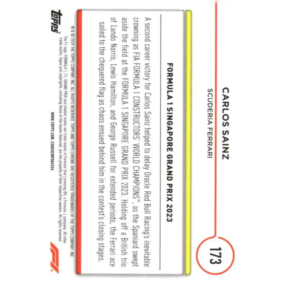 2024 Topps Chrome Formula 1 #173 Carlos Sainz NM-MT Scuderia Ferrari HP Racing Card - Racing Card Single