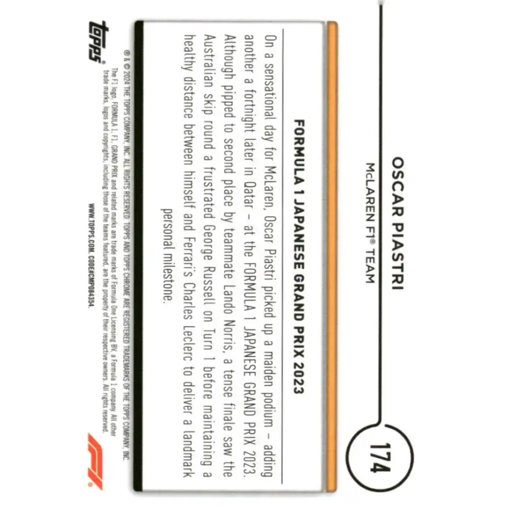 2024 Topps Chrome Formula 1 #174 Oscar Piastri EX Excellent McLaren F1 Team Racing Card - Racing Card Single