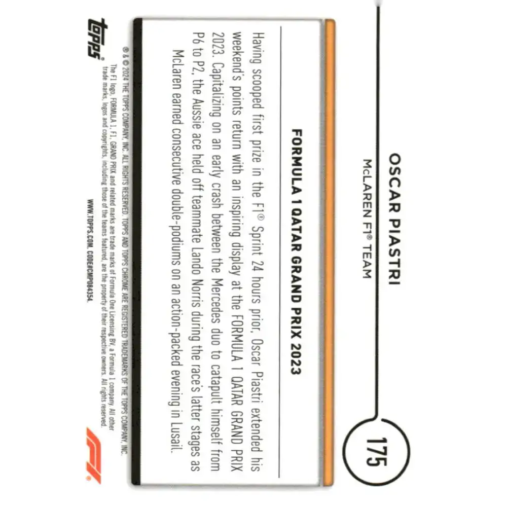 2024 Topps Chrome Formula 1 #175 Oscar Piastri NM-MT McLaren F1 Team Racing Card - Racing Card Single