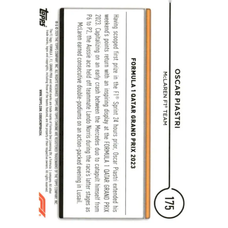 2024 Topps Chrome Formula 1 #175 Oscar Piastri NM-MT McLaren F1 Team Racing Card - Racing Card Single