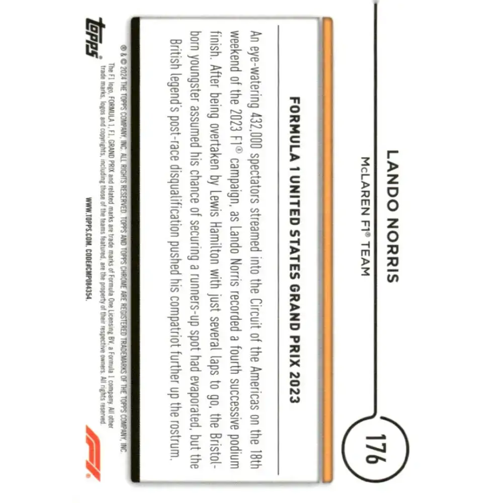2024 Topps Chrome Formula 1 #176 Lando Norris NM-MT McLaren F1 Team Racing Card - Racing Card Single