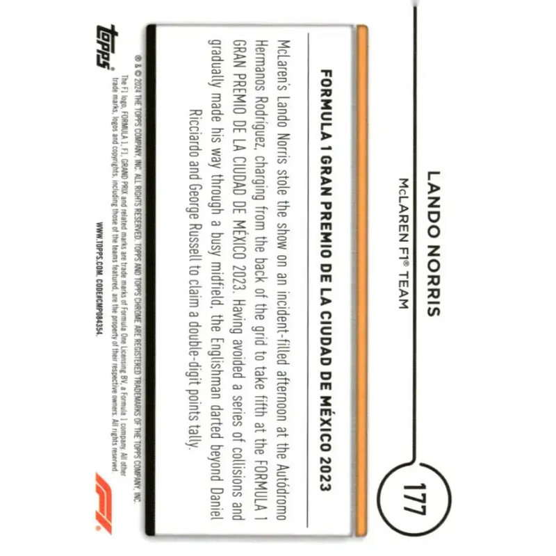 2024 Topps Chrome Formula 1 #177 Lando Norris NM-MT McLaren F1 Team Racing Card - Racing Card Single