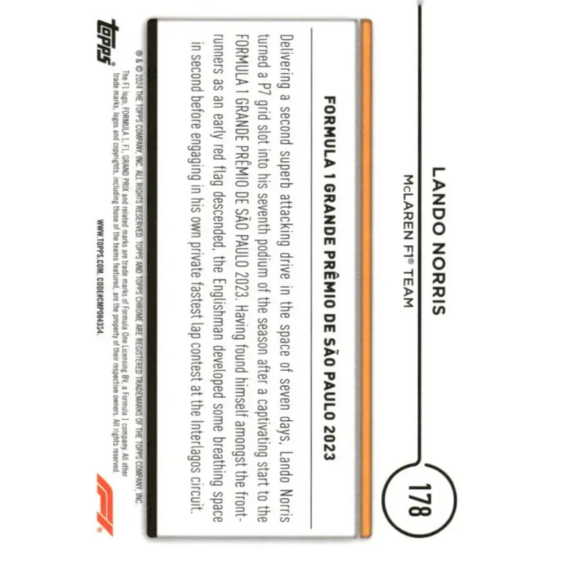 2024 Topps Chrome Formula 1 #178 Lando Norris NM-MT McLaren F1 Team Racing Card