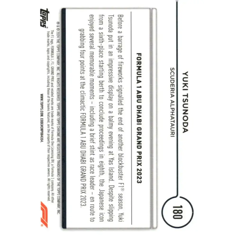 2024 Topps Chrome Formula 1 #180 Yuki Tsunoda EX Excellent Scuderia AlphaTauri Racing Card - Racing Card Single