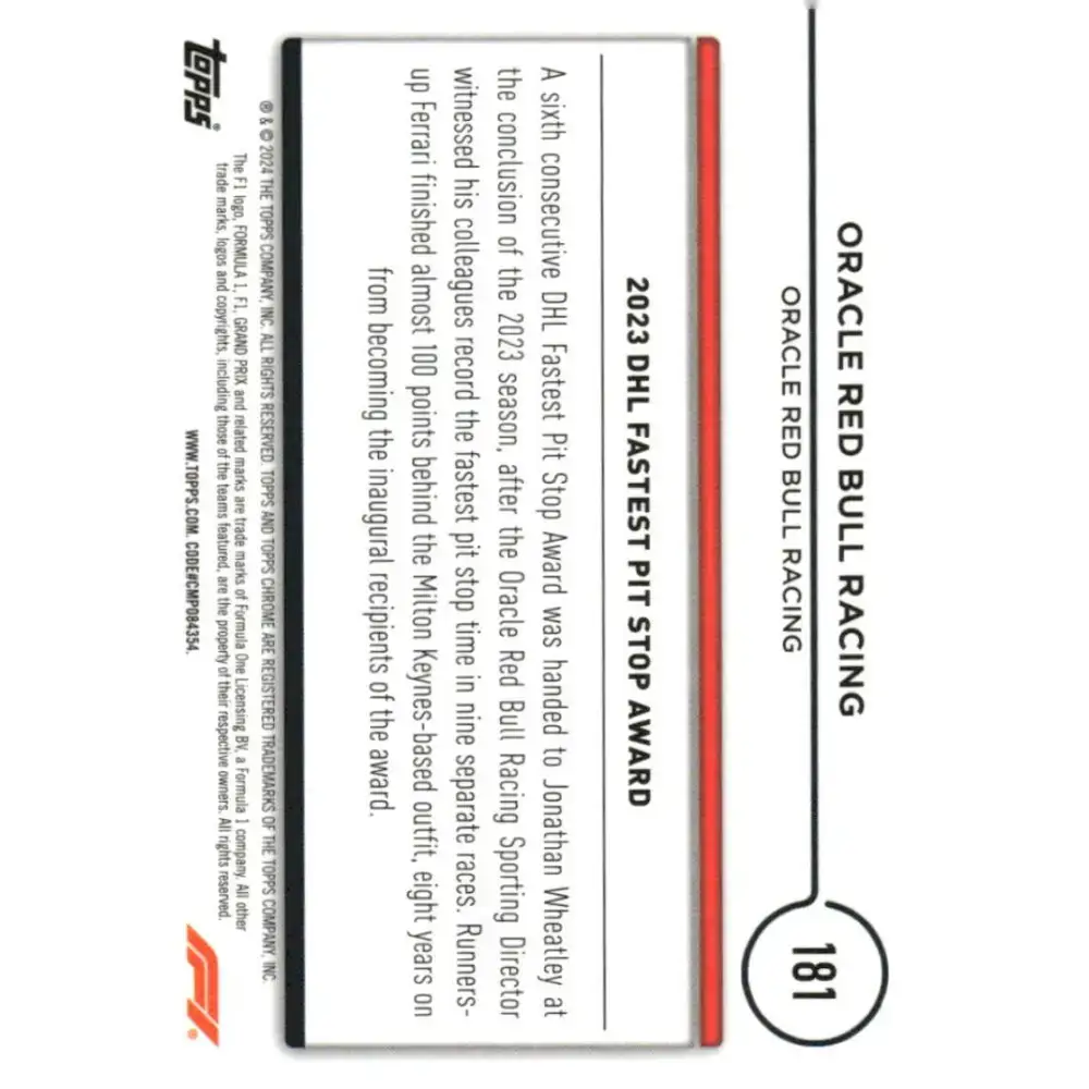 2024 Topps Chrome Formula 1 #181 Oracle Red Bull Racing NM-MT Oracle Red Bull Racing Racing Card - Racing Card Single