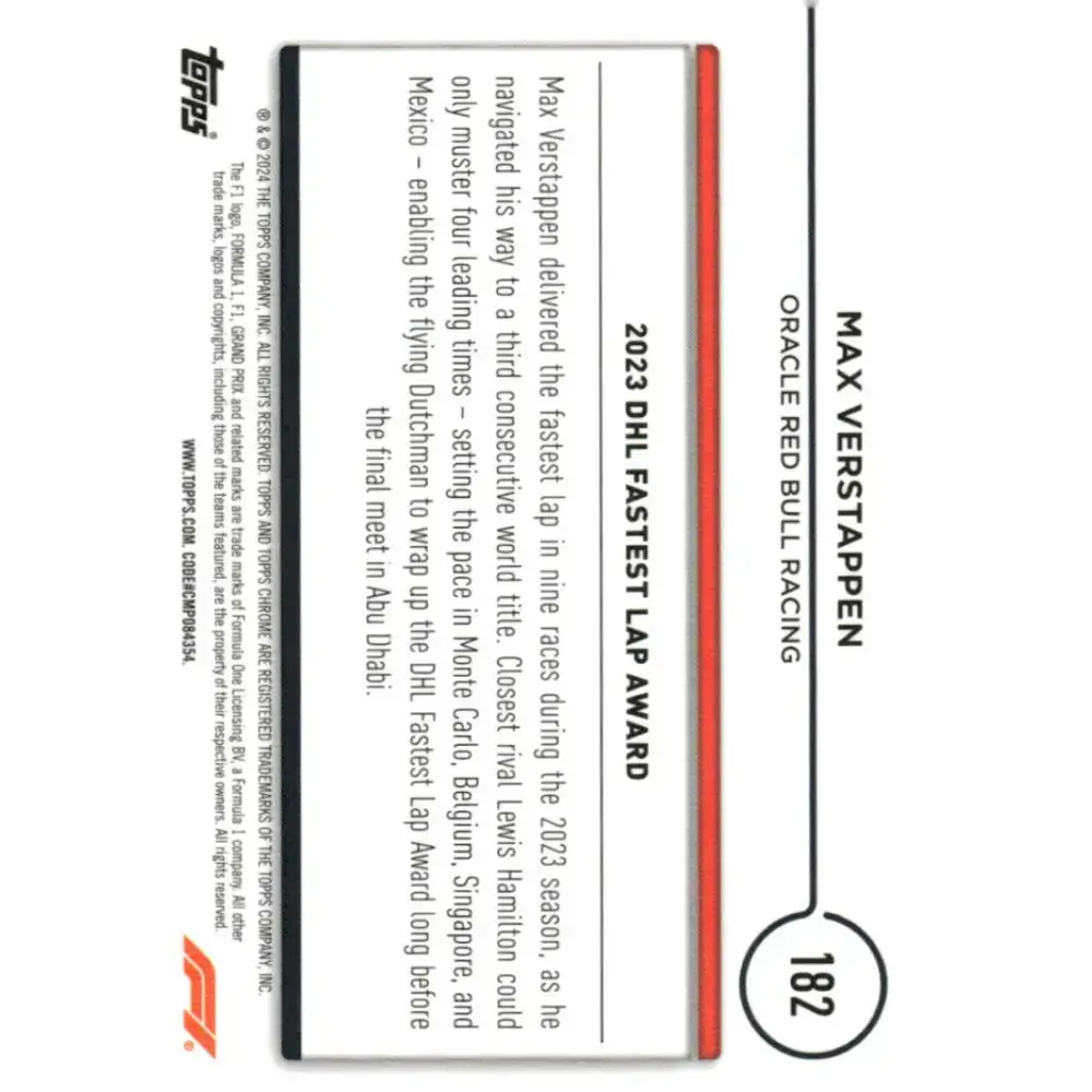 2024 Topps Chrome Formula 1 #182 Max Verstappen EX Excellent Oracle Red Bull Racing Racing Card - Racing Card Single