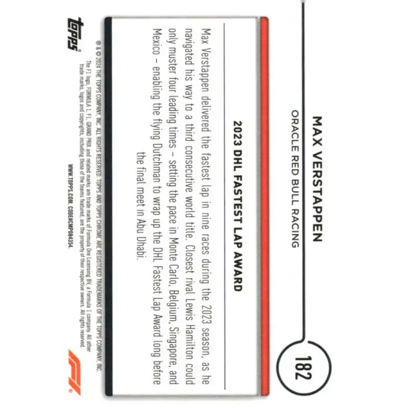 2024 Topps Chrome Formula 1 #182 Max Verstappen NM-MT Oracle Red Bull Racing Racing Card - Racing Card Single