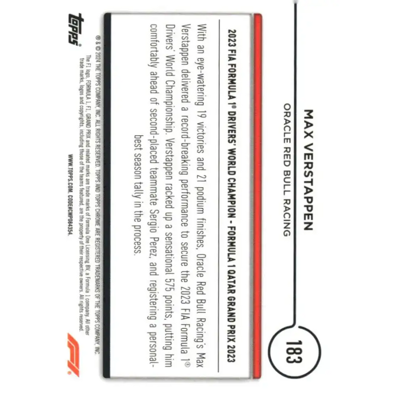 2024 Topps Chrome Formula 1 #183 Max Verstappen NM-MT Oracle Red Bull Racing Racing Card - Racing Card Single