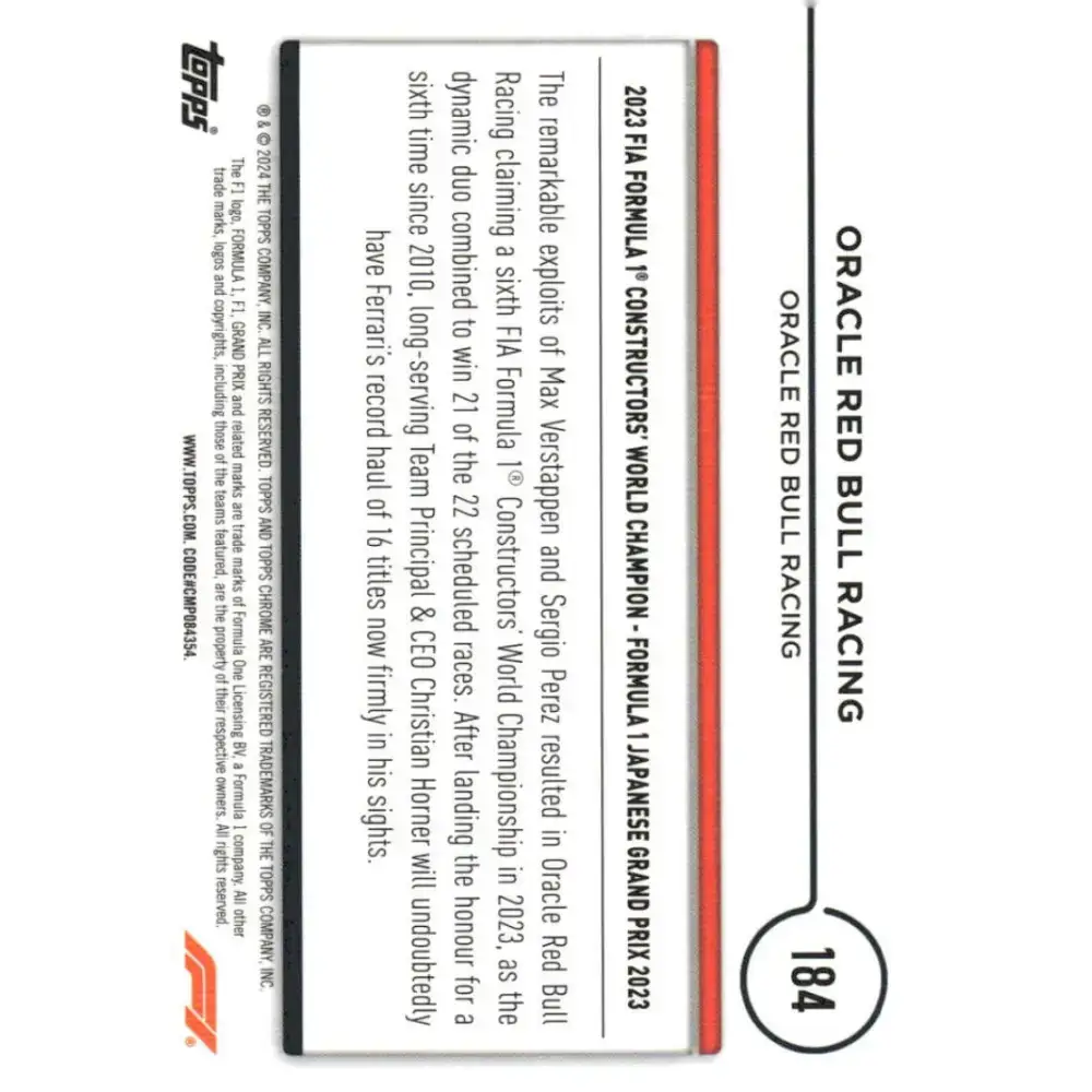 2024 Topps Chrome Formula 1 #184 Oracle Red Bull Racing EX Excellent Oracle Red Bull Racing Racing Card - Racing Card