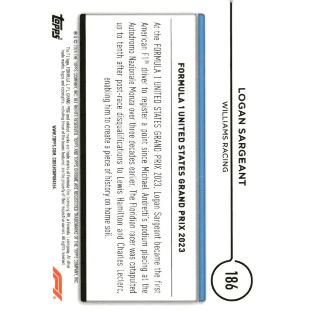 2024 Topps Chrome Formula 1 #186 Logan Sargeant EX Excellent Williams Racing Racing Card - Racing Card Single