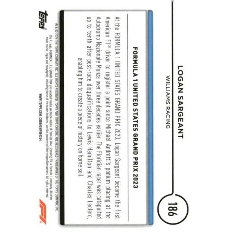 2024 Topps Chrome Formula 1 #186 Logan Sargeant EX Excellent Williams Racing Racing Card - Racing Card Single
