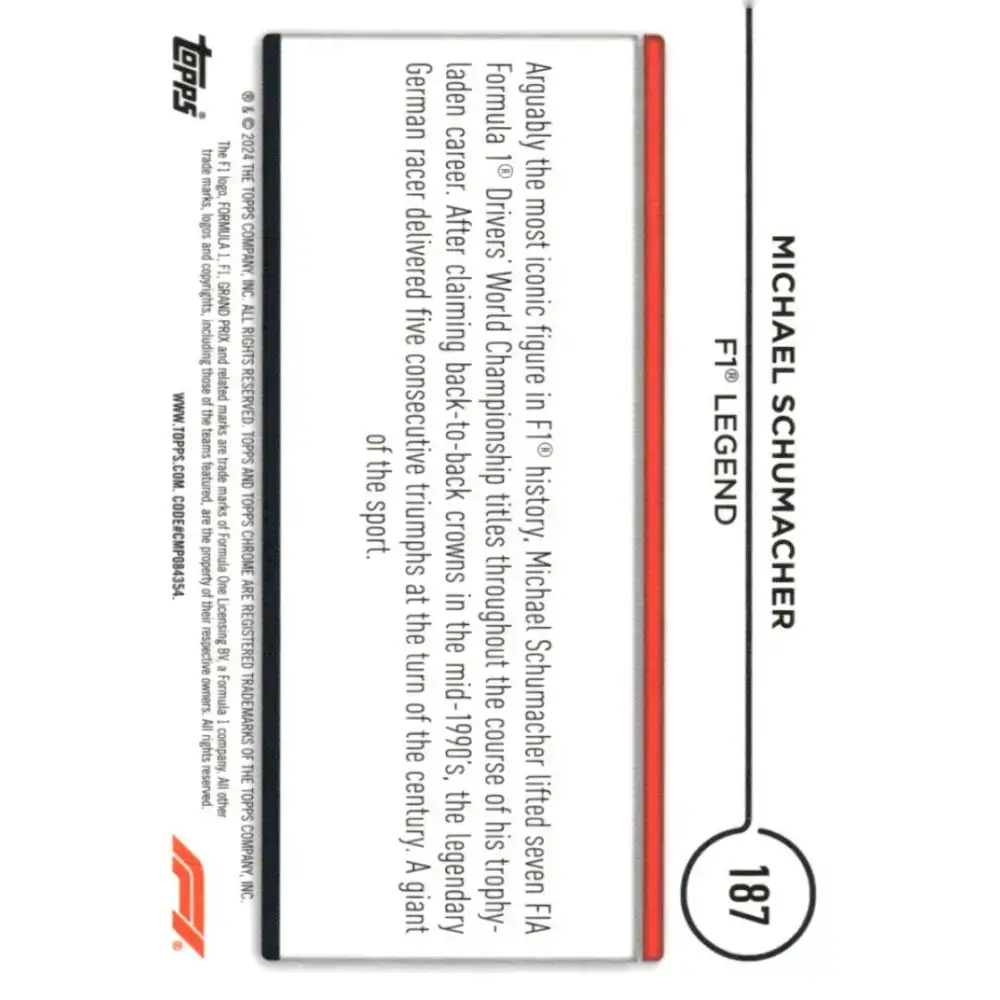 2024 Topps Chrome Formula 1 #187 Michael Schumacher EX Excellent Legend Racing Card - Racing Card Single
