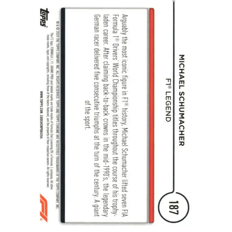 2024 Topps Chrome Formula 1 #187 Michael Schumacher NM-MT Legend Racing Card - Racing Card Single