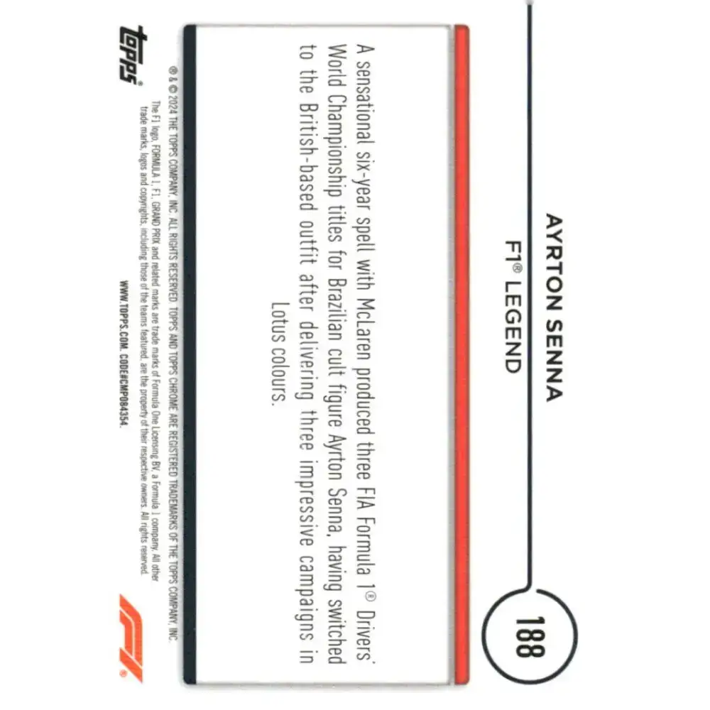 2024 Topps Chrome Formula 1 #188 Ayrton Senna EX Excellent Legend Racing Card - Racing Card Single