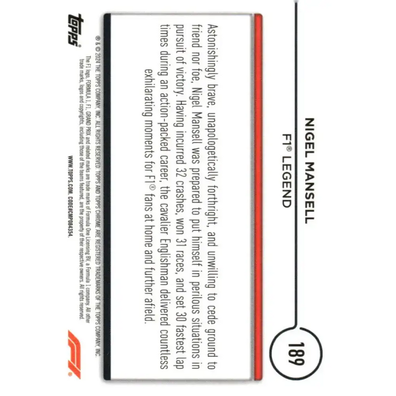 2024 Topps Chrome Formula 1 #189 Nigel Mansell EX Excellent Legend Racing Card - Racing Card Single