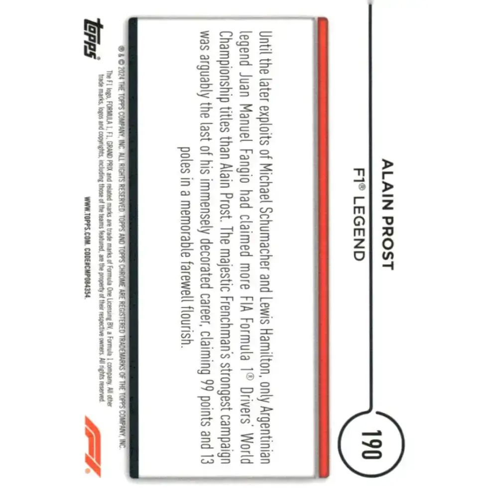 2024 Topps Chrome Formula 1 #190 Alain Prost EX Excellent Legend Racing Card - Racing Card Single
