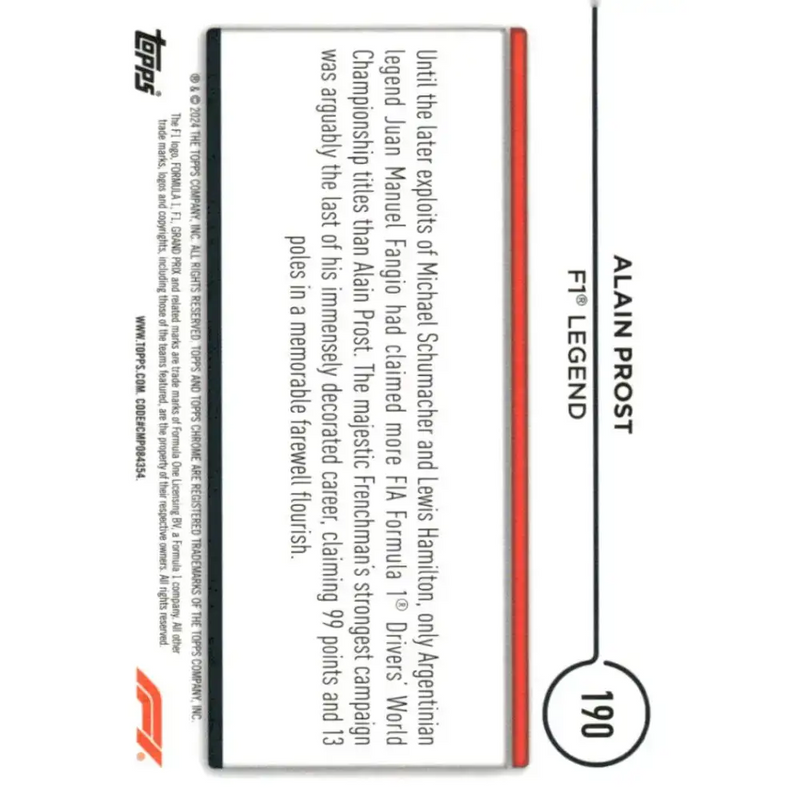 2024 Topps Chrome Formula 1 #190 Alain Prost NM-MT Legend Racing Card - Racing Card Single