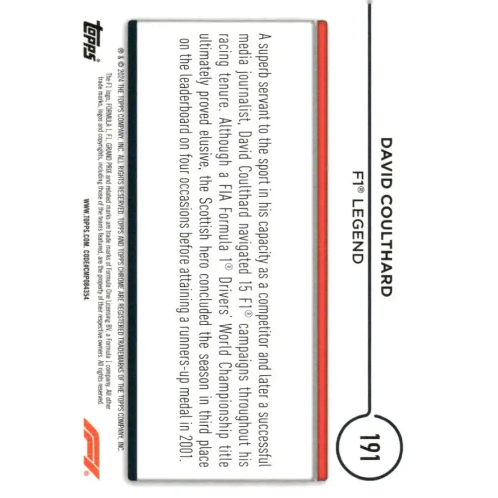2024 Topps Chrome Formula 1 #191 David Coulthard EX Excellent Legend Racing Card - Racing Card Single