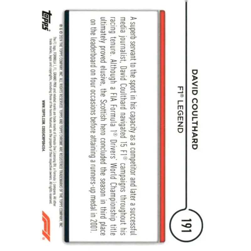 2024 Topps Chrome Formula 1 #191 David Coulthard NM-MT Legend Racing Card - Racing Card Single
