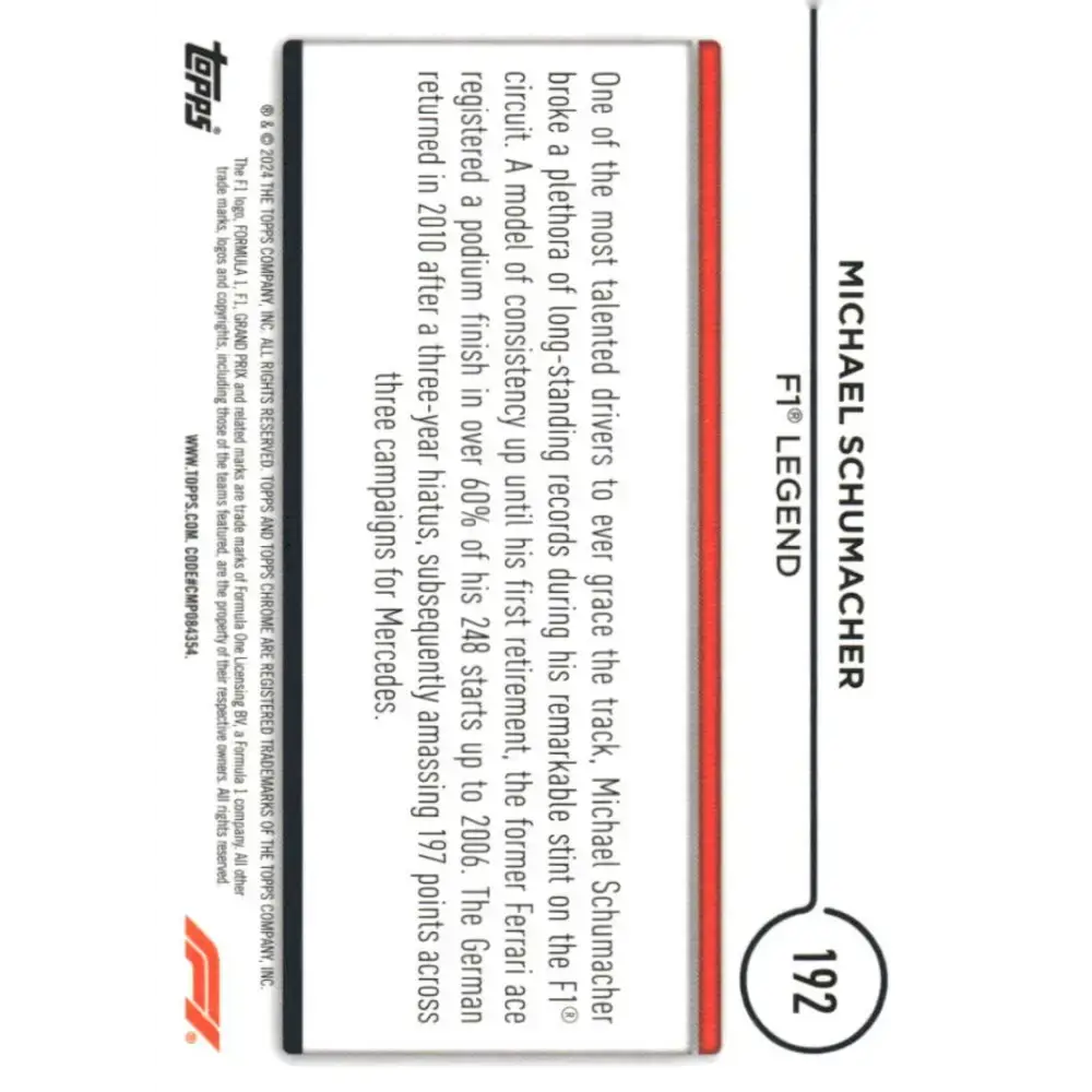 2024 Topps Chrome Formula 1 #192 Michael Schumacher EX Excellent Legend Racing Card - Racing Card Single