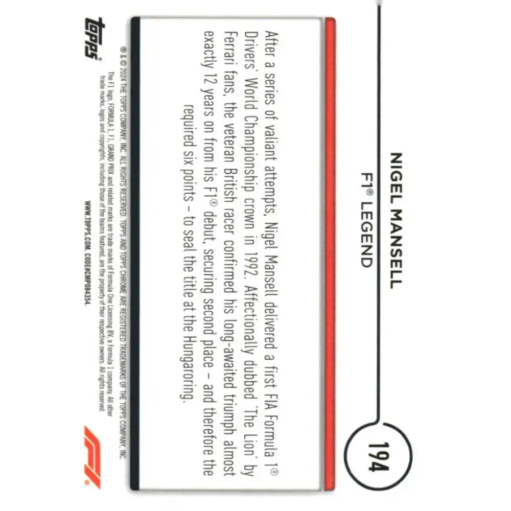 2024 Topps Chrome Formula 1 #194 Nigel Mansell EX Excellent Legend Racing Card - Racing Card Single