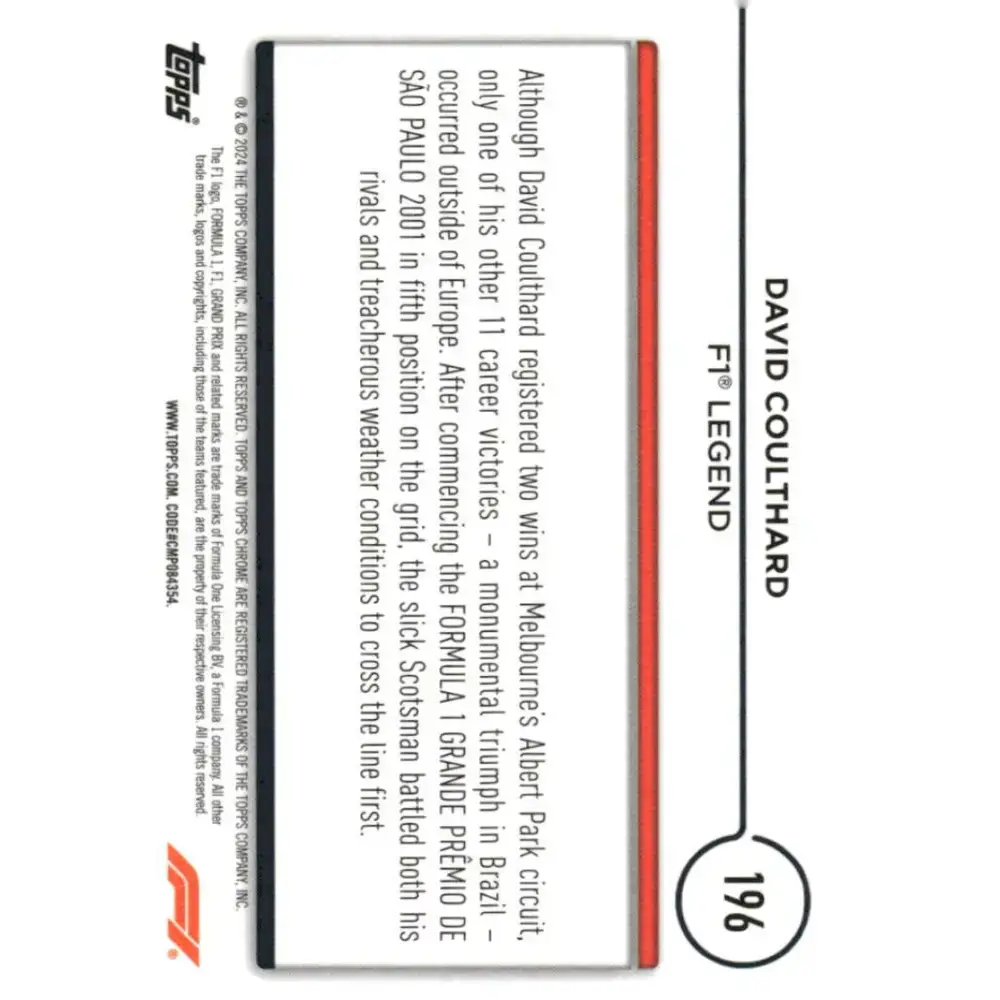 2024 Topps Chrome Formula 1 #196 David Coulthard EX Excellent Legend Racing Card - Racing Card Single