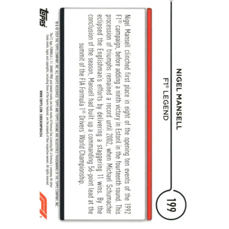 2024 Topps Chrome Formula 1 #199 Nigel Mansell EX Excellent Legend Racing Card - Racing Card Single