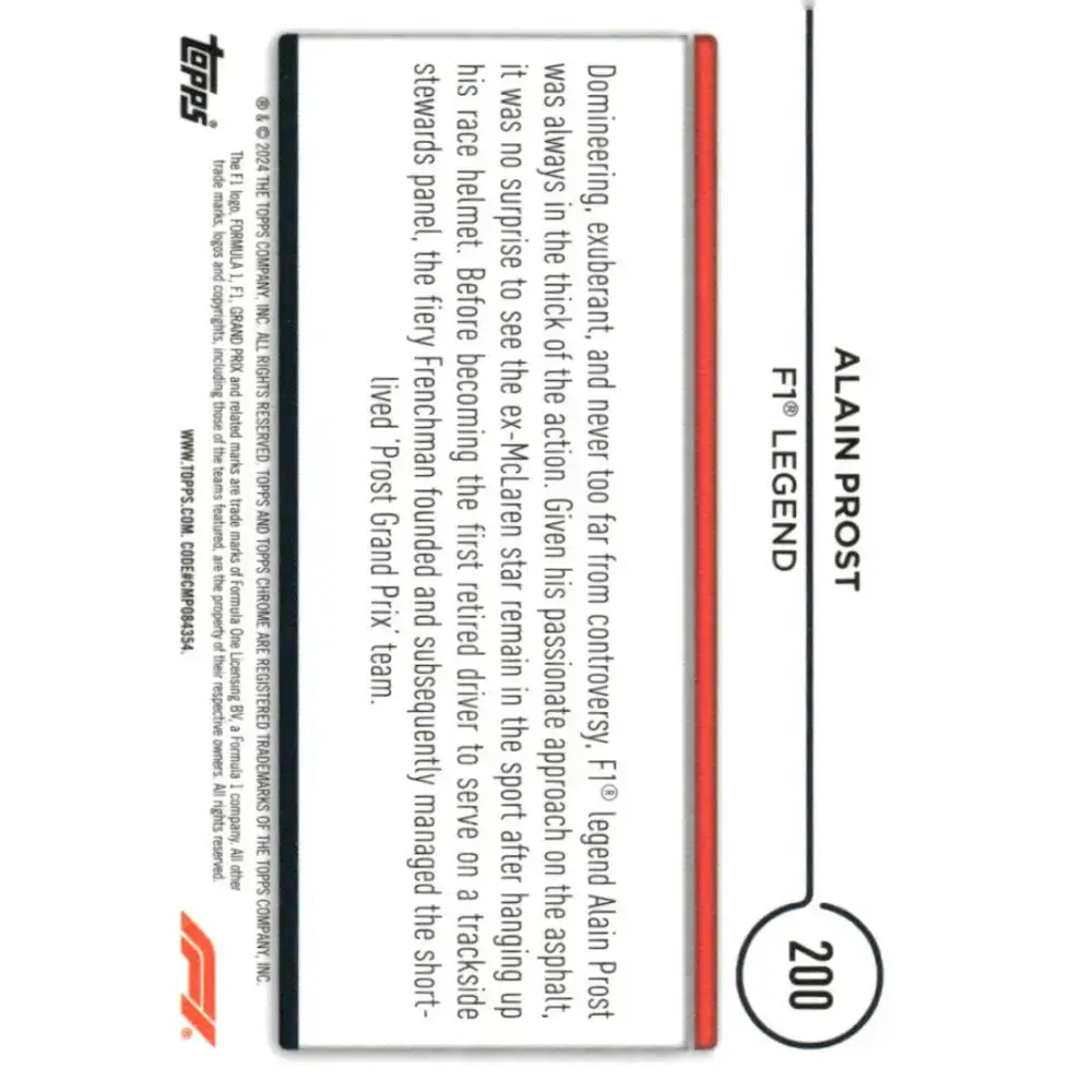 2024 Topps Chrome Formula 1 #200 Alain Prost NM-MT Legend Racing Card - Racing Card Single