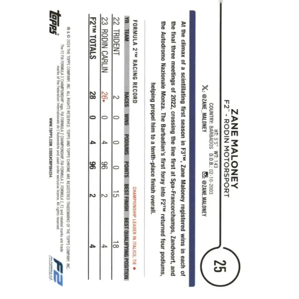2024 Topps Chrome Formula 1 #25 Zane Maloney NM-MT F2 - Rodin Motorsport Racing Card - Racing Card Single