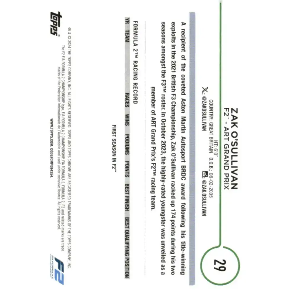 2024 Topps Chrome Formula 1 #29 Zak O’Sullivan EX Excellent F2 - ART Grand Prix Racing Card - Racing Card Single