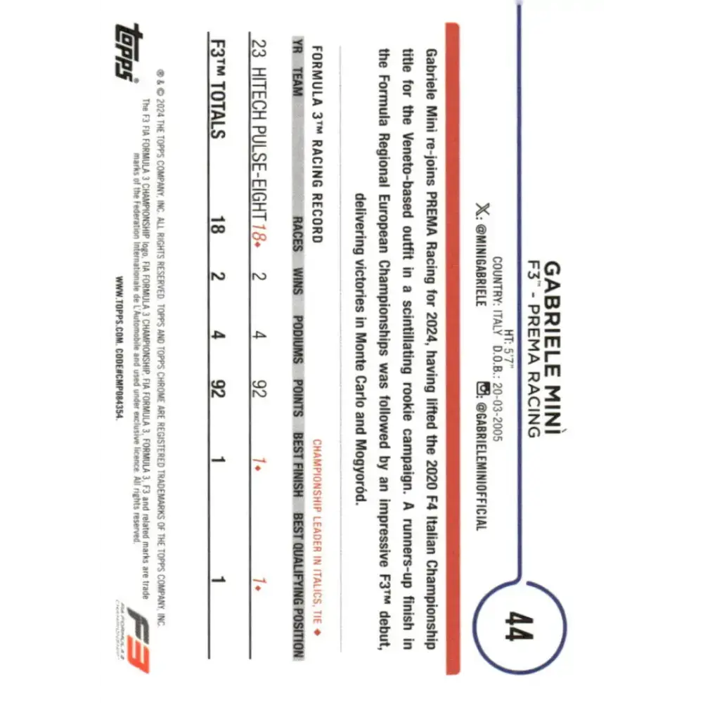 2024 Topps Chrome Formula 1 #44 Gabriele Mini NM-MT F3 - PREMA Racing Racing Card - Racing Card Single
