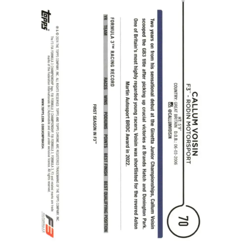 2024 Topps Chrome Formula 1 #70 Callum Voisin NM-MT F3 - Rodin Motorsport Racing Card - Racing Card Single