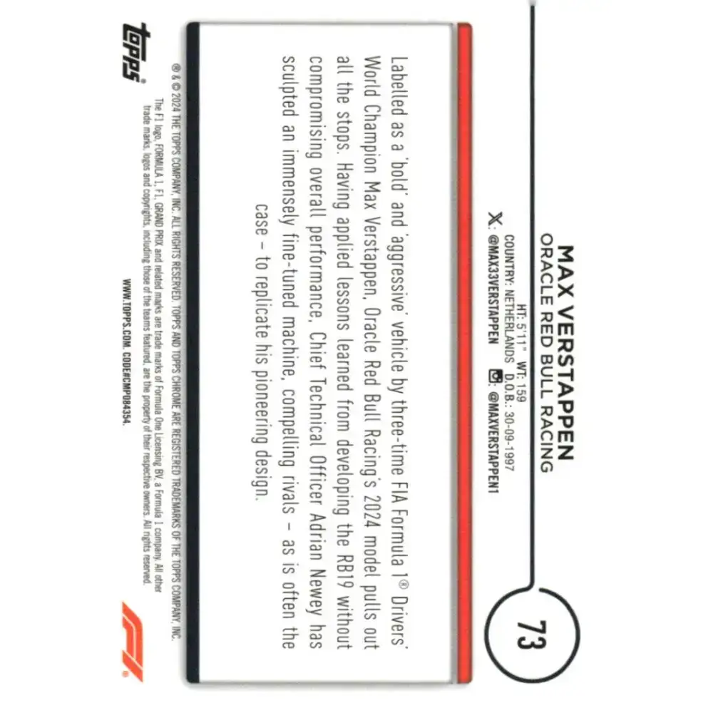 2024 Topps Chrome Formula 1 #73 Max Verstappen NM-MT Oracle Red Bull Racing Racing Card - Racing Card Single