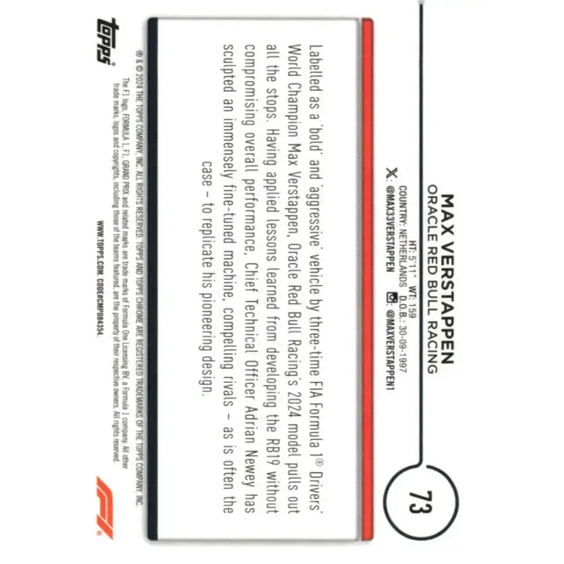 2024 Topps Chrome Formula 1 #73 Max Verstappen NM-MT Oracle Red Bull Racing Racing Card - Racing Card Single