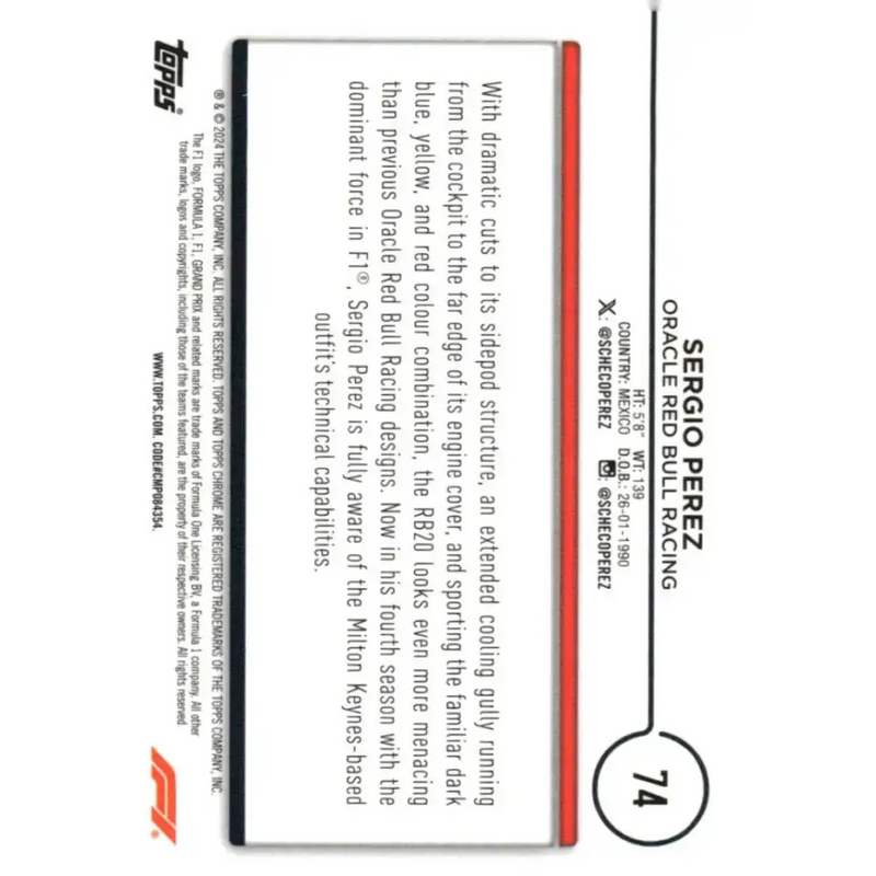 2024 Topps Chrome Formula 1 #74 Sergio Perez EX Excellent Oracle Red Bull Racing Racing Card