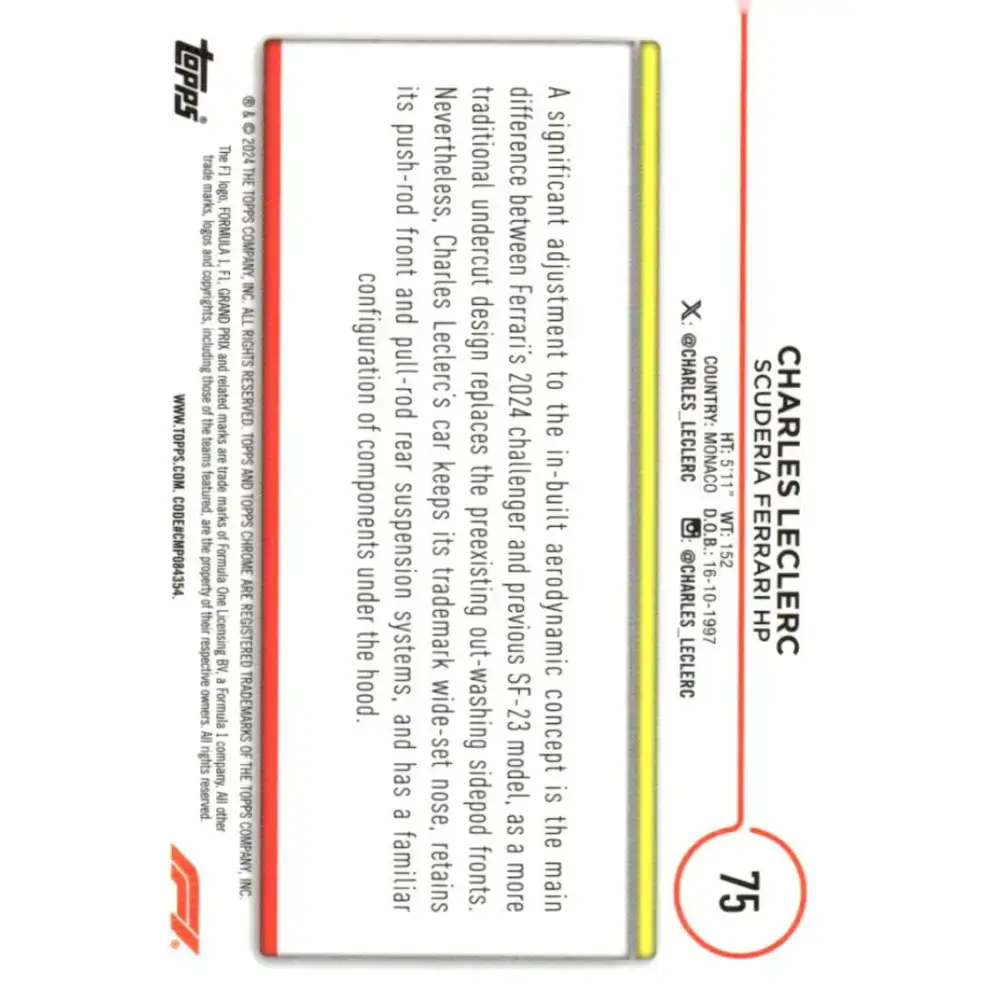 2024 Topps Chrome Formula 1 #75 Charles Leclerc NM-MT Scuderia Ferrari HP Racing Card - Racing Card Single