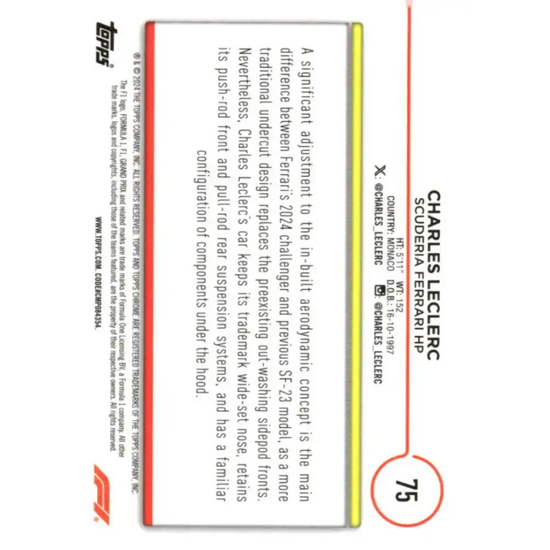 2024 Topps Chrome Formula 1 #75 Charles Leclerc NM-MT Scuderia Ferrari HP Racing Card - Racing Card Single