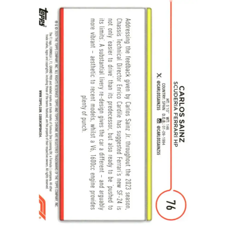 2024 Topps Chrome Formula 1 #76 Carlos Sainz EX Excellent Scuderia Ferrari HP Racing Card - Racing Card Single