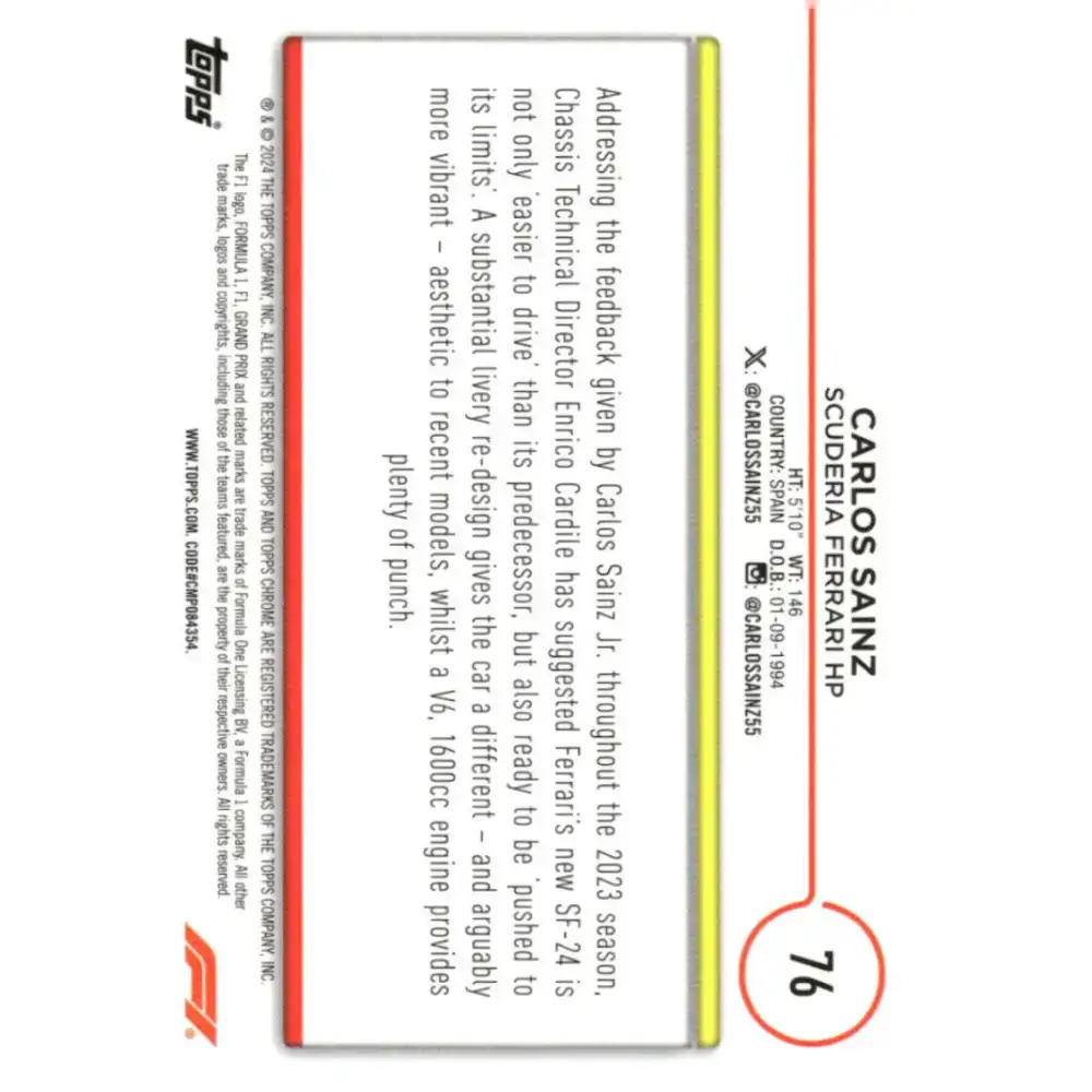 2024 Topps Chrome Formula 1 #76 Carlos Sainz NM-MT Scuderia Ferrari HP Racing Card - Racing Card Single