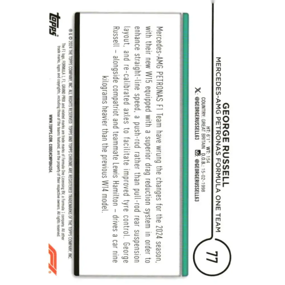 2024 Topps Chrome Formula 1 #77 George Russell EX Excellent Mercedes-AMG Petronas Formula One Team Racing Card - Racing