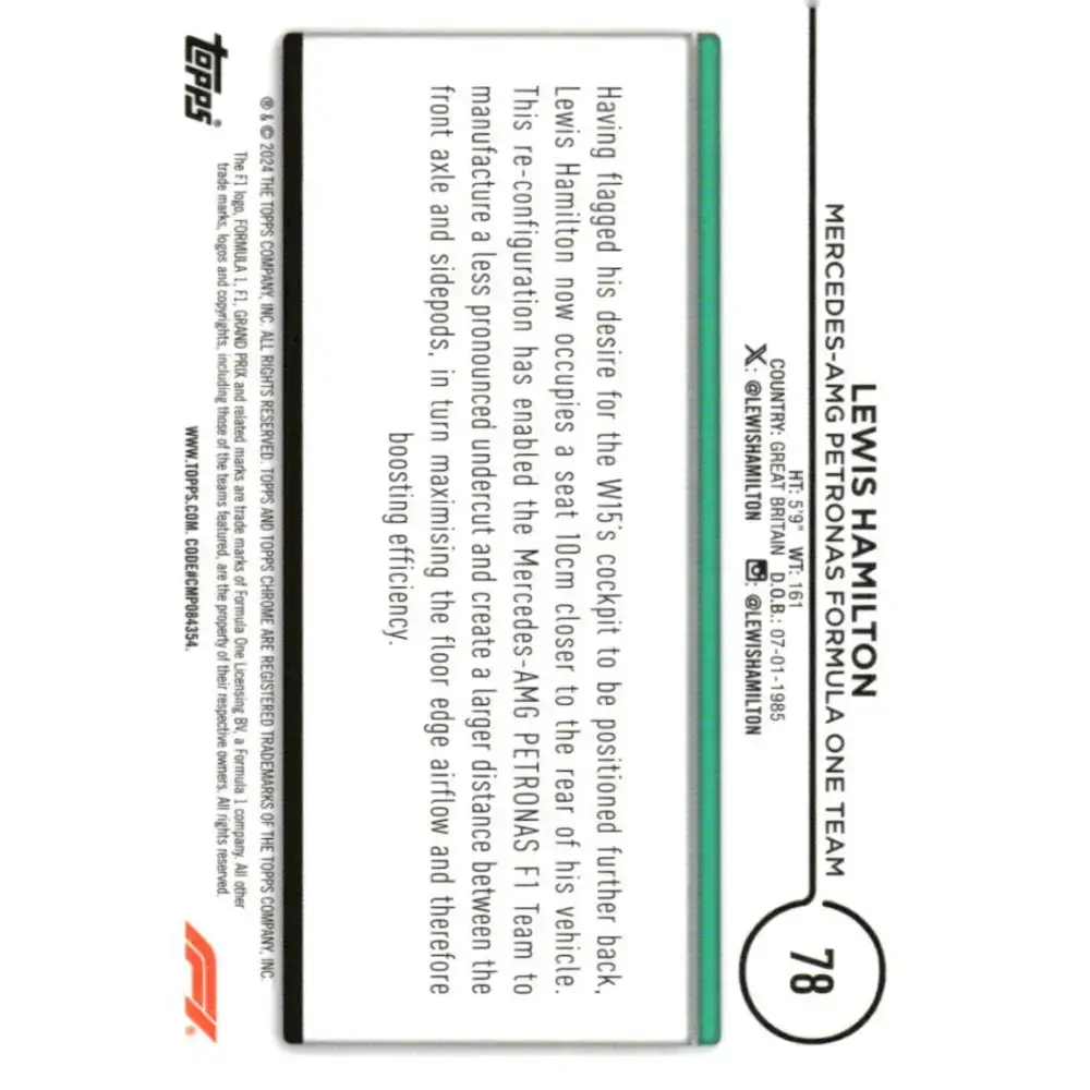 2024 Topps Chrome Formula 1 #78 Lewis Hamilton EX Excellent Mercedes-AMG Petronas Formula One Team Racing Card - Racing