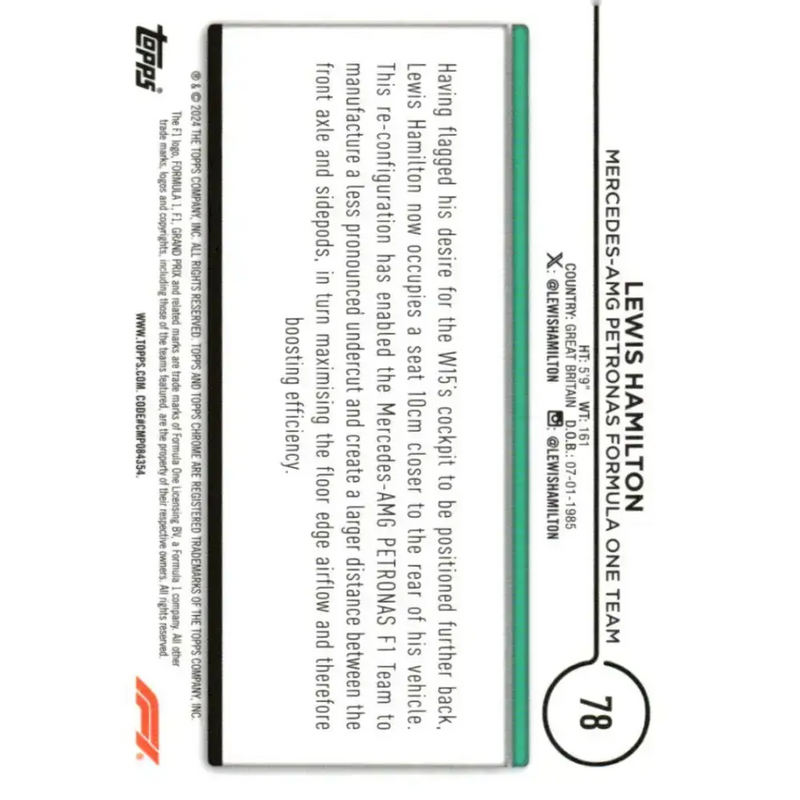 2024 Topps Chrome Formula 1 #78 Lewis Hamilton EX Excellent Mercedes-AMG Petronas Formula One Team Racing Card - Racing