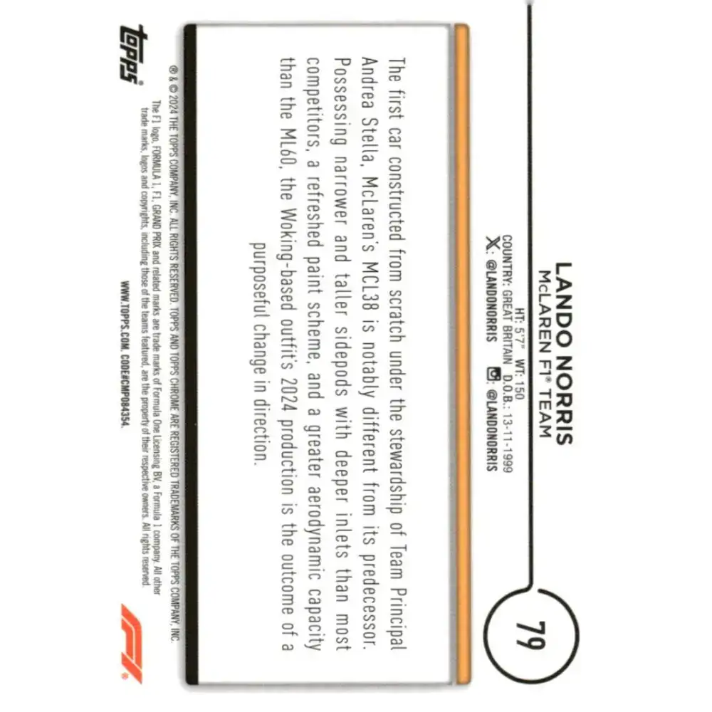 2024 Topps Chrome Formula 1 #79 Lando Norris EX Excellent McLaren F1 Team Racing Card - Racing Card Single